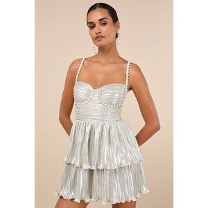 Lulus Glorious Shine Champagne Metallic Pearl Tiered Mini Dress Silver - Size L
